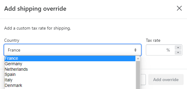 Shopify menu with country selector and tax rate. for selecting shipping overrides.